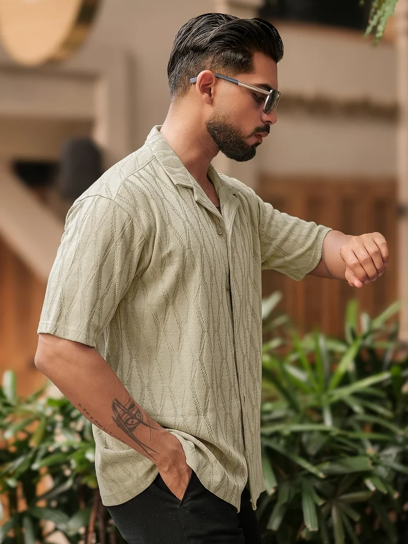 مانياك Maniac Mens Solid Textured Collared Neck Half Sleeve Beige Cotton Shirt